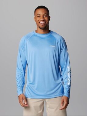Columbia Men's PFG Terminal Tackle Long Sleeve Shirt in White Cap Blue Logo L